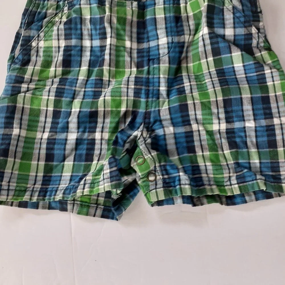 Oshkosh Boys Overall Shorts Green Blue Plaid Shoralls 18 Months